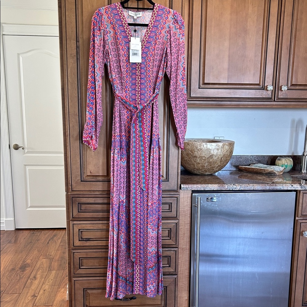 Hale Bob Vibrant Pink and Blue Long Sleeve maxi Dress. NWT